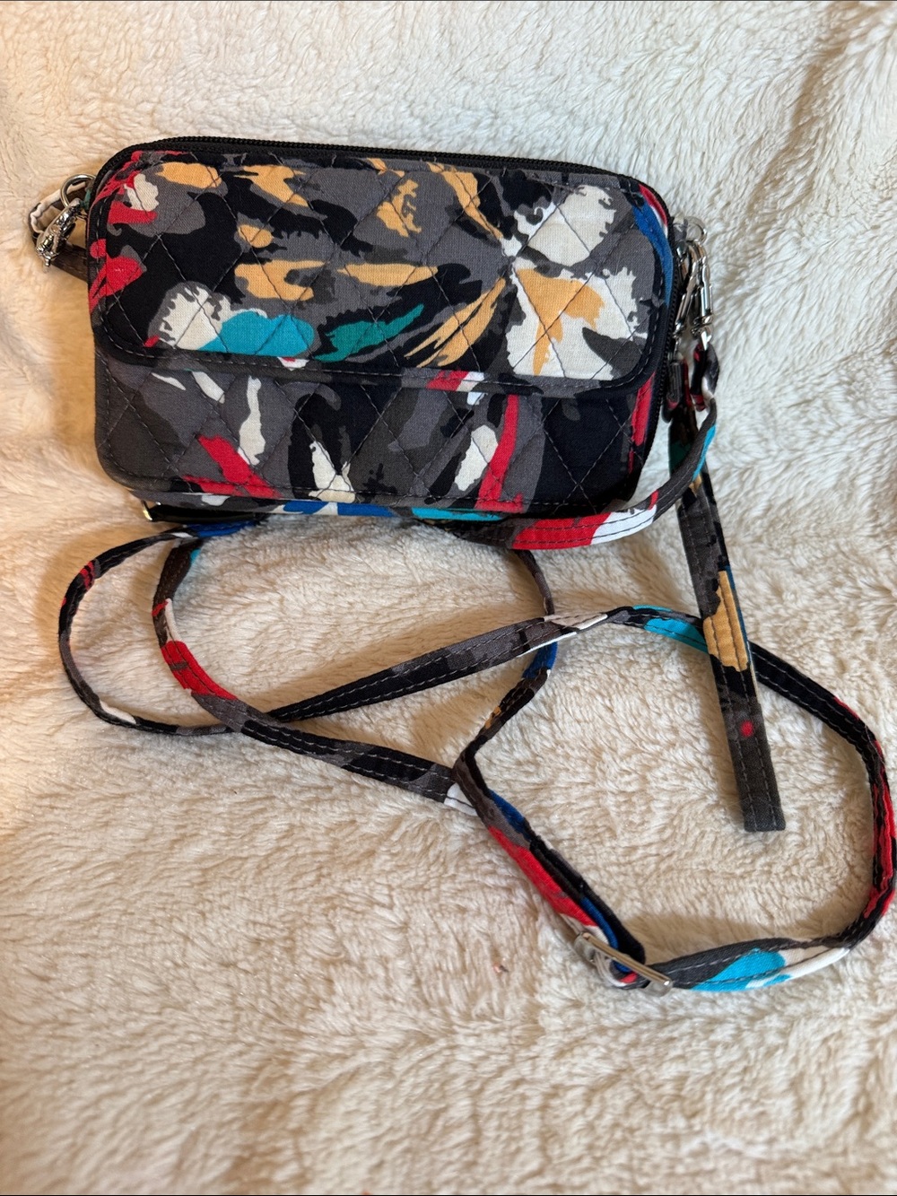 Vera Bradley All In One Crossbody Wallet Abstract Floral Quilted Cotton Bag